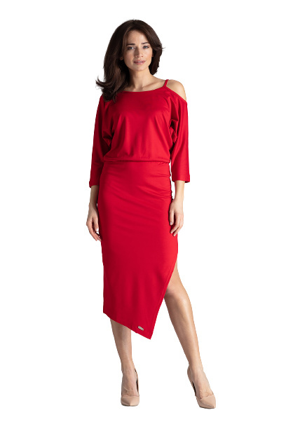 Sukienka Midi - Asymetryczna Z Kimonowym Rękawem - czerwona